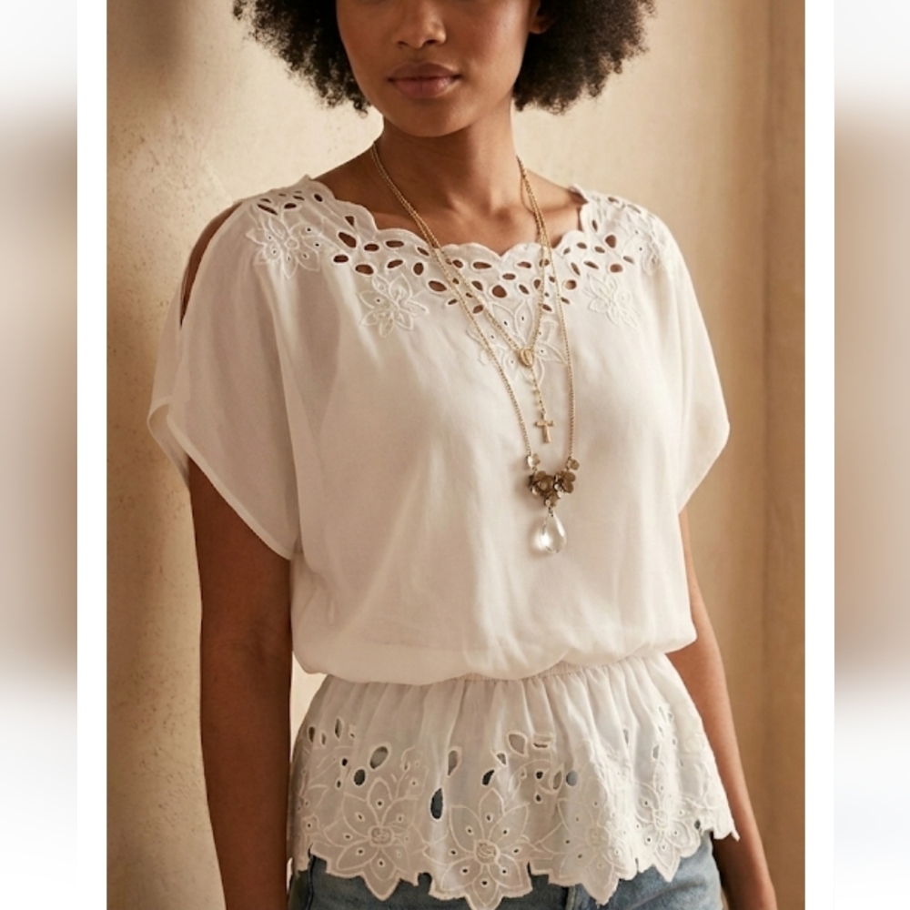 ANDREE Feminine Ivory Lacy Chiffon Peplum Romantic Boho Angel Top Like New